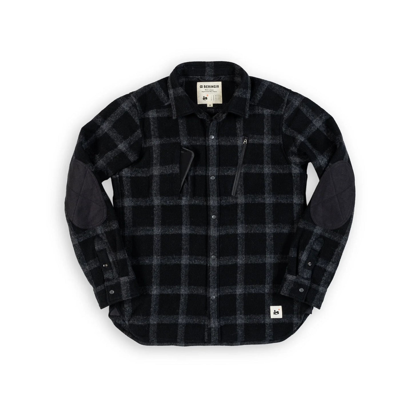 Beringia Farallon Shirt - Black Plaid front view with phone in chest pocket 