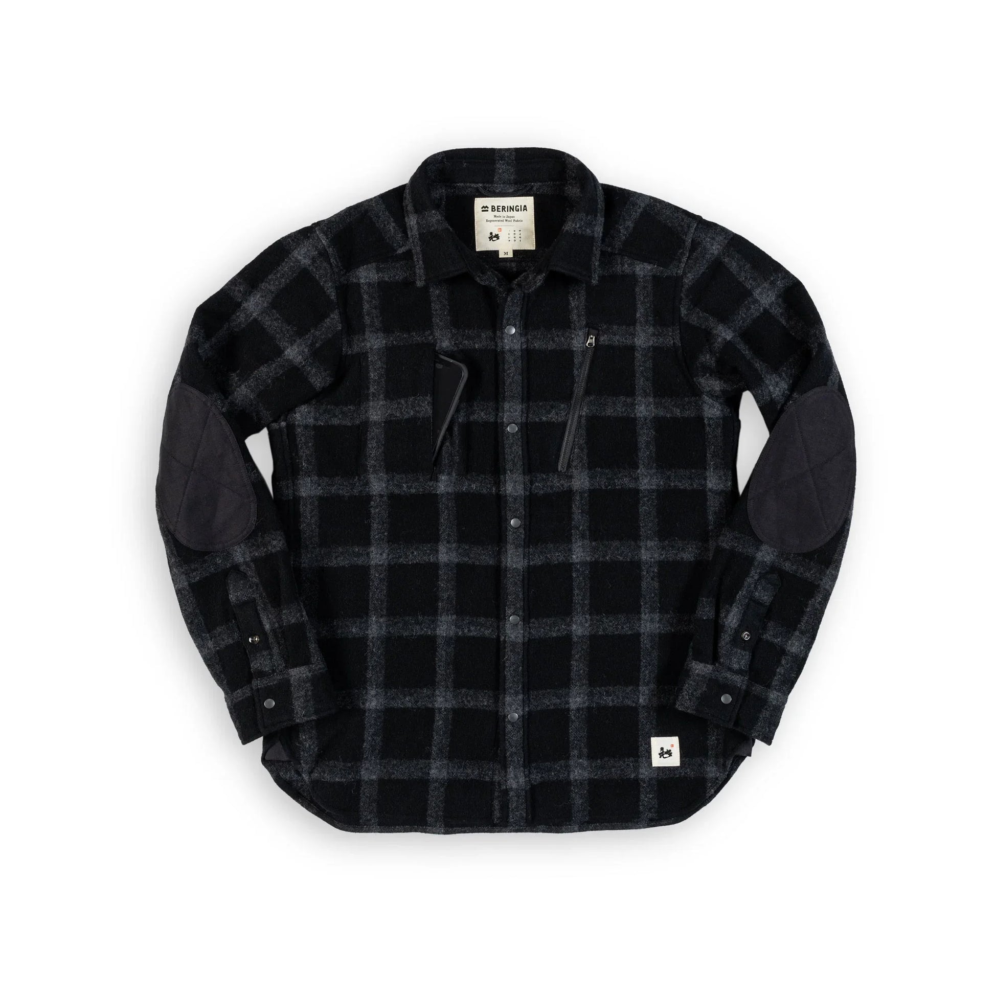Beringia Farallon Shirt - Black Plaid front view with phone in chest pocket 