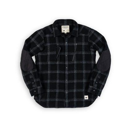 Beringia Farallon Shirt - Black Plaid front view with phone in chest pocket 