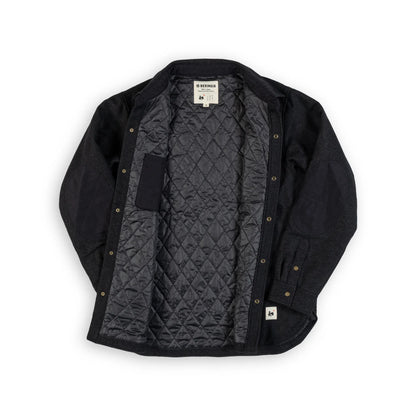 Beringia Insulated Farallon Wool Shirt. Made in Japan. Dark Charcoal - front view,  open