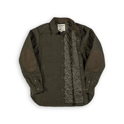 Beringia Insulated Farallon Wool Shirt. Made in Japan. Dark Green - front view, half open